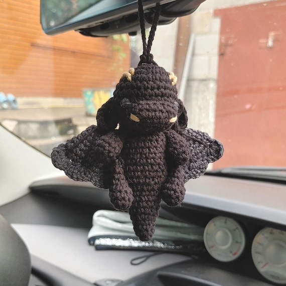 Handmade Crochet Black Dragon Car Mirror Hanging as Cryptid