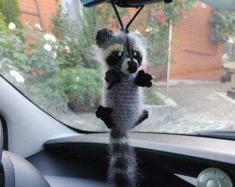Knitted Raccoon Rear View Mirror Hanging Accessory, Amigurumi