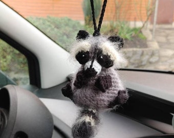 Crochet raccoon car charm rear view mirror, Xmas tree toy, backpack pendant,  cute keychain