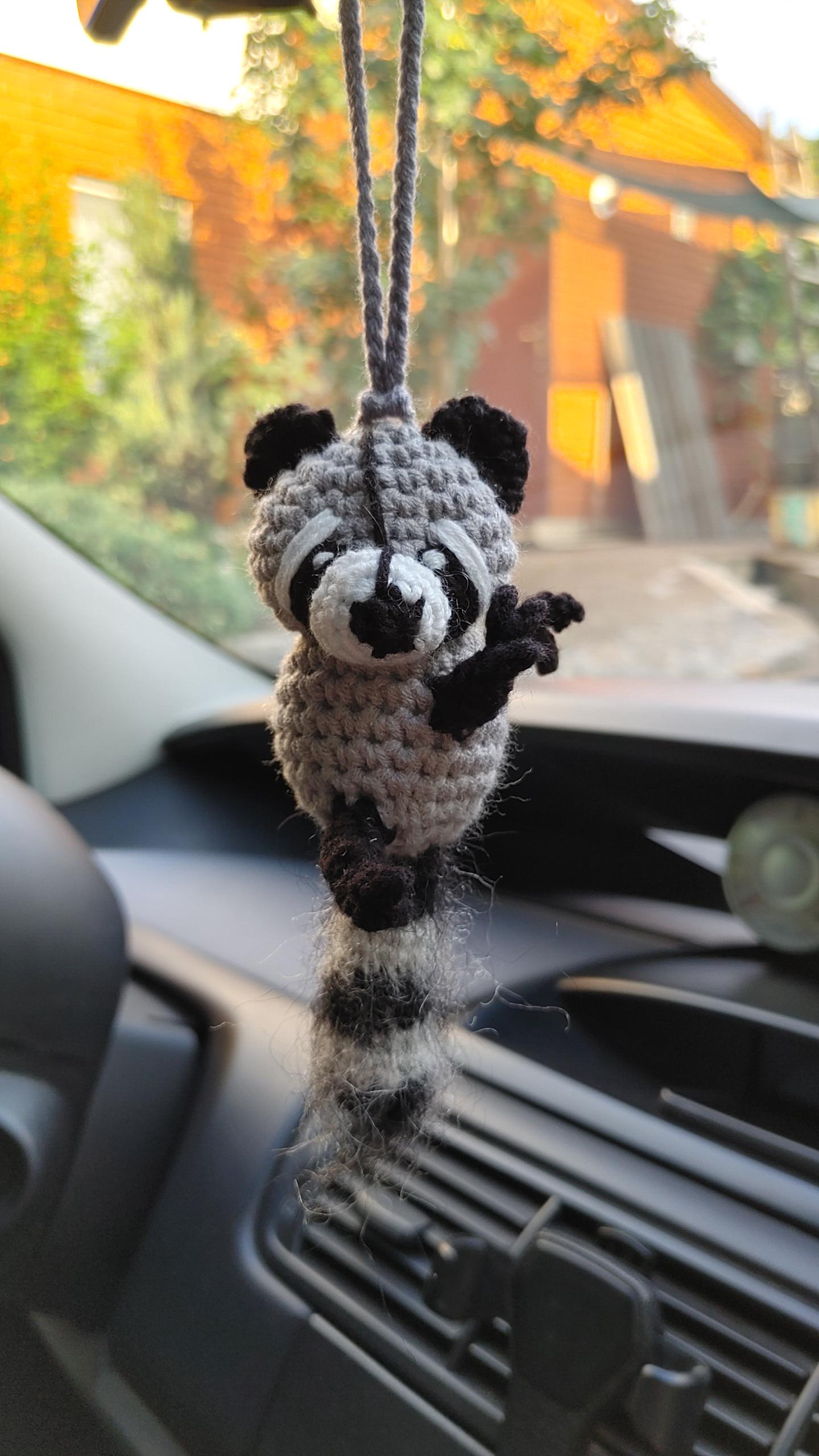 Handmade Crochet Raccoon Car Mirror Hanging With Fluffy Tail as