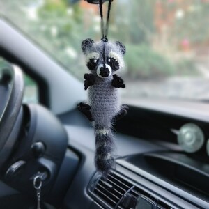 Raccoon car mirror hanging accessories, dashboard decor hanger, rear view mirror, amigurumi plush keepsake, little stuffed animal, ornament