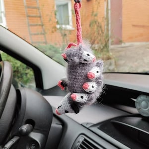 May include: A gray and white crocheted opossum hanging from a rearview mirror in a car. The opossum has pink accents and is holding onto a pink string.