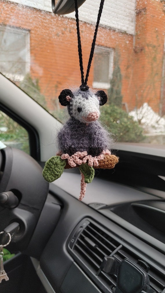 Handmade Crochet Possum Car Charm – Swinging Pink Opossum Mirror Ornament, Boho Decor