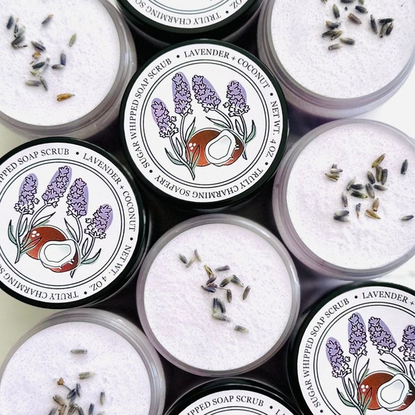 LAVENDER + COCONUT Sugar Whipped Soap Scrub, Body Polish, Bath and Body Gift, Gifts for Her, Spa Pedicure, Aromatherapy, Spring Collection