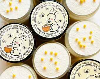 HONEY BUNNY Sugar Whipped Soap Scrub, Foaming Body Polish, Bath and Body Gift, Gifts for Her, Spa Pedicure, Easter Basket Gift, Aromatherapy