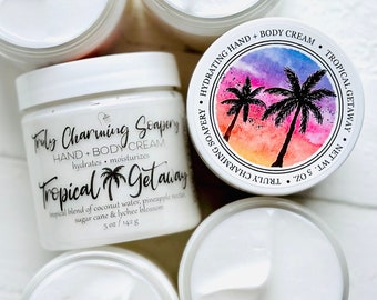 TROPICAL GETAWAY Hand + Body Cream, Body Lotion, Body Butter, Aromatherapy, Gifts for Her, Pineapple & Coconut, Summer Collection, Spa Gift