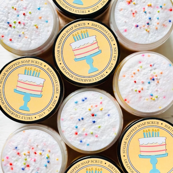 BIRTHDAY CAKE Sugar Whipped Soap Scrub, Foaming Body Polish, Bath and Body Gift, Gifts for Her, Spa Pedicure, Handcrafted Soap, Party Favor