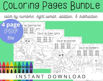 Coloring Pages, Color by Numbers, Color by Sight Word, Color by Addition, Color by Subtraction, Kids Worksheet, Kindergarten Worksheets