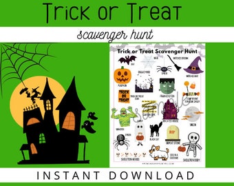 Trick or Treat Scavenger Hunt, Halloween Worksheet, Printable for kids, Halloween printable, Kindergarten worksheet, Digital Download,