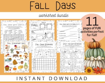 Fall Worksheet Bundle, Fall Workbook, Kindergarten Worksheets, Printables for kids, Worksheets for kids, Digital Download, Printables