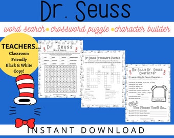 Peut inclure: Activités éducatives imprimables sur le thème du Dr. Seuss en noir et blanc pour les enfants. Comprend une recherche de mots, un mot croisé et un créateur de personnage. L'image montre une copie en noir et blanc conviviale pour la classe.