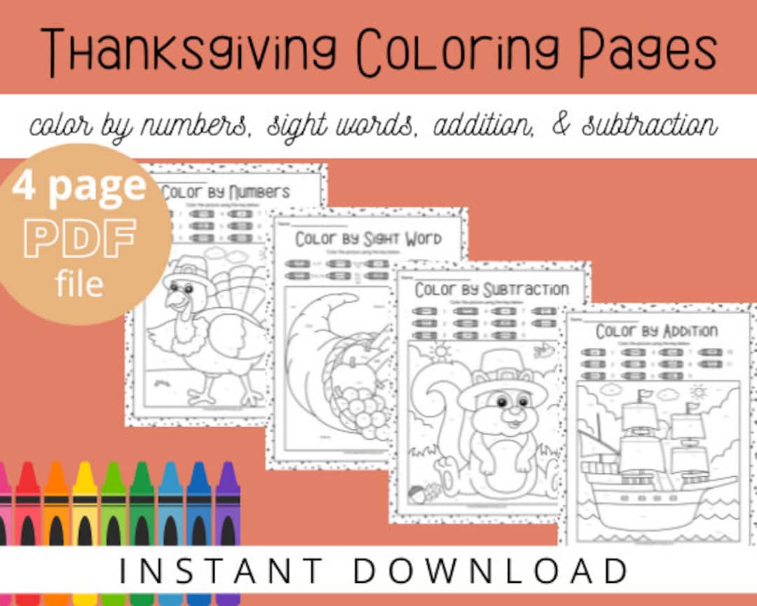 Thanksgiving Coloring Pages, Color by Numbers, Color by Sight Word