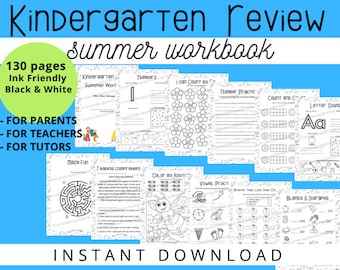 May include: Black and white printable kindergarten review workbook with 130 pages. The workbook includes activities such as counting by 5s, number practice, letter sounds, maze fun, reading comprehension, and color by addition.