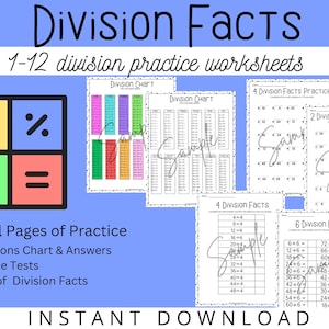 Division Facts,Division Practice,Instant Download,Math Worksheets, Division Worksheets, Division,Division Chart,Times Table Facts,
