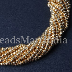 3-4mm Natural Pyrite Rondelle Beads, Gold Coated Pyrite Faceted Gemstone, Pyrite Golden Coated Beads for Jewellery, 12&quot; Pyrite Beads Strand