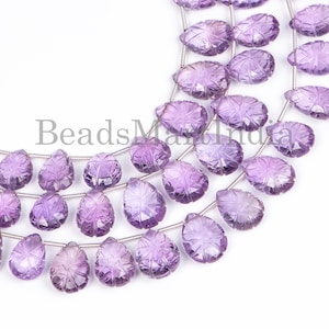 Natural Amethyst Carved Beads, Flower Carving Pear Shape Beads, Flower Carved Purple Beads, Amethyst Gemstone Beads for Jewellery Making.
