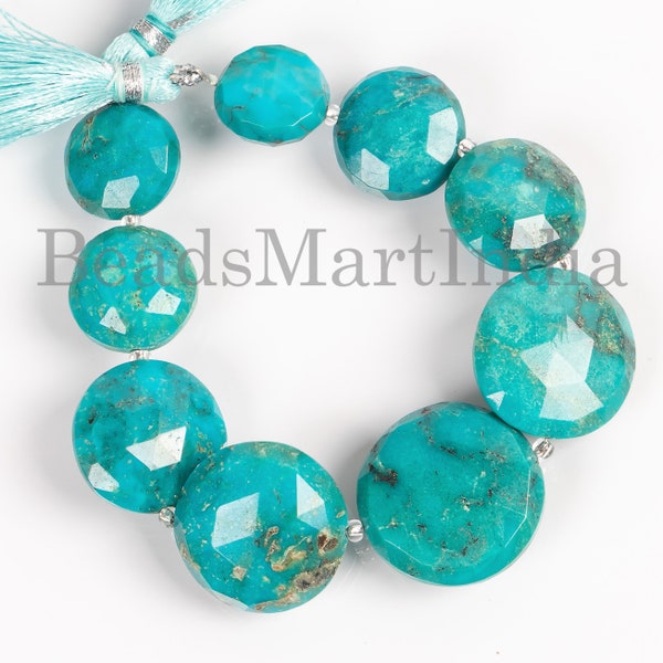 Perles pour pièces de monnaie à facettes turquoises naturelles, perles de pierres précieuses turquoises de 13 à 20 mm, perles de bijoux en gros en forme de pièces de monnaie à facettes turquoises d'Arizona.