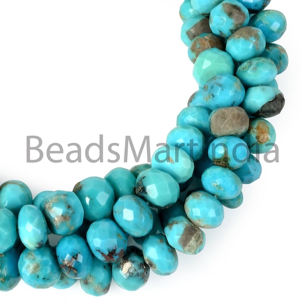 Arizona Turquoise Faceted Rondelle Beads, Natural Turquoise Gemstone Loose Beads, Blue Turquoise Jewellery Making 6-11mm Beads 18'' Strand.