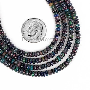 Natural Ethiopian Black Opal, Smooth Rondelle Gemstone Beads, 3-5MM Black Color Fire Opal Beads Strand 15 inches, Opal For Jewelry Making.