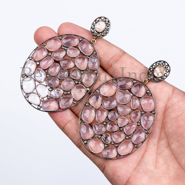 Genuine Diamond Victorian Earrings, Rose Quartz Beads Drops, 925 Sterling Silver Gemstone Dainty Dangle Earrings, Vintage Jewelry for Women.