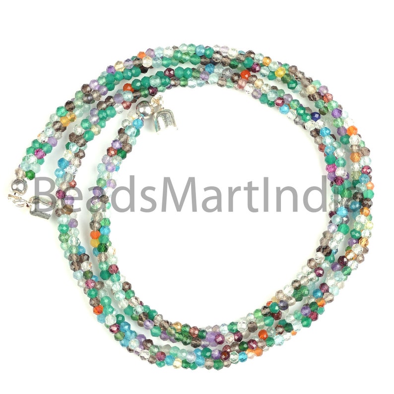 Mix Color Stone Machine Cut Faceted Necklace Multi Stone Faceted Rondelle Shape Beads Necklace with Silver Lock Multi Color Stone Necklace