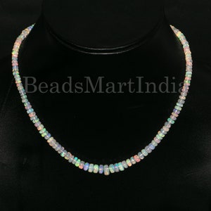 Ethiopian Fire Opal Tiny Beaded Necklace 18&quot;, Flashy Fire 100% Natural Opal Gemstone Beads, Faceted Rondelle Bead Choker With Silver Clasp
