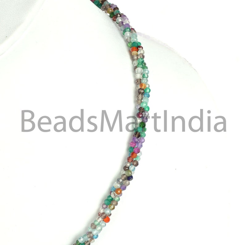 Mix Color Stone Machine Cut Faceted Necklace Multi Stone Faceted Rondelle Shape Beads Necklace with Silver Lock Multi Color Stone Necklace