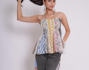 Utsvängd topp med lapptäcke, tryckt färgglad lapptäcketopp, lapptäcke, tillverkad i Indien, vadderad topp med handtryck, topp med lapptäcke och blocktryck