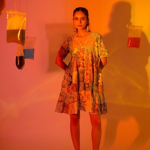 Patchwork Flared Dress, Printed Colourful Patchwork Dress, Patchwork, Made In India, Hand Block Print Dress, Patch Design Block Print Dress