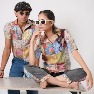 Lapptäcksskjorta, Tryckt färgglad lapptäcksskjorta, Lapptäcksskjorta tillverkad i Indien, Handtryckt skjorta med blockmönster, Lapptäckt design, Blocktryckt skjorta bild 1