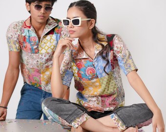 Patchwork Shirt, Bedrucktes buntes Patchwork Shirt, Patchwork Shirt Made In India, Hand Block Print Shirt, Gepatchtes Design, Block Print Shirt