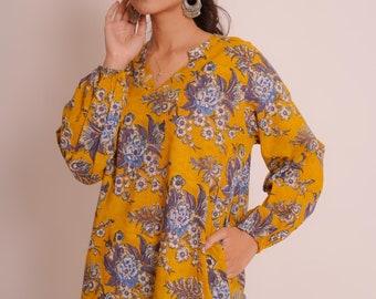 Yellow Hand Block Printed Floral Jaal Puff Sleeves Top, Block Printed Top, V Neck Puff Sleeves Top, Jaipuri Kurti, Made in India, Pocket Top