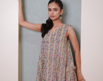 Yellow Hand Block Printed Floral Jaal Sleeveless Top, Block Printed Top, V Neck Sleeves Top, Jaipuri Kurti, Made in India, Up Down Style Top