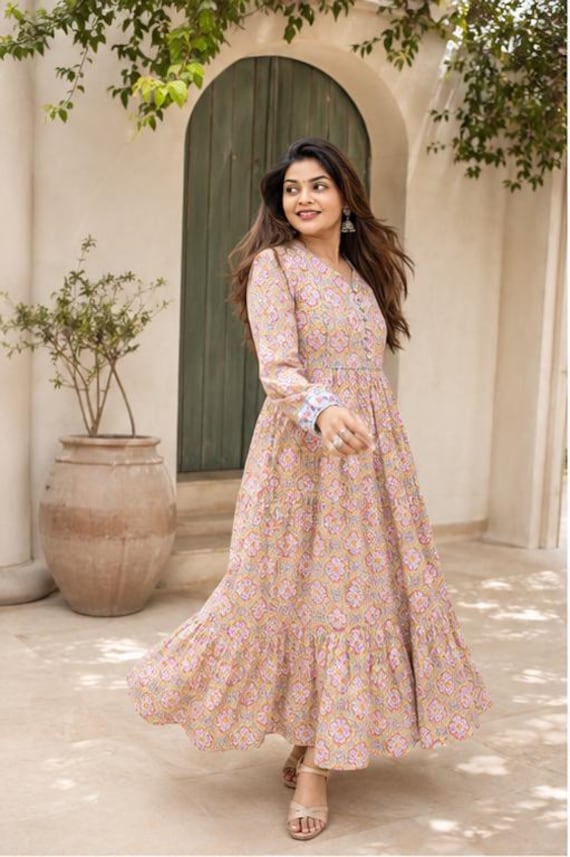 indian cotton boho dresses with sleeves Hand Block Print Dress, Block Print Dress, Floral Maxi Dress, Long Sleeve Dress, Gift for Her, Tiered Dress Size:Lg - XLg Vegan Leather Patou | High collar Block print Shoulder 14.5 M