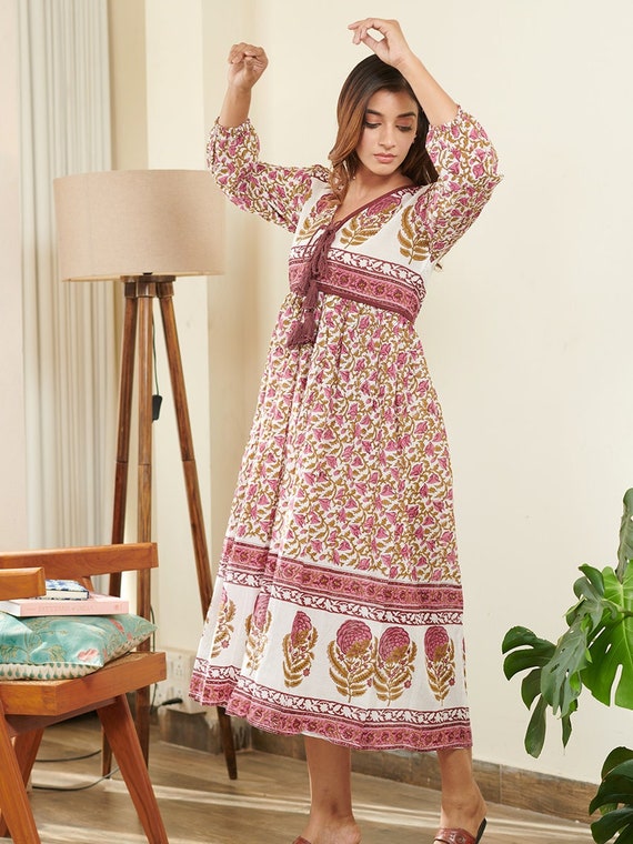 Block Print Dress, Pink Floral Block Print Cotton Dress with Floral Prints, Soft Cotton Dress, V Neckline Dress, Flowy Dress. Puff Sleeves.