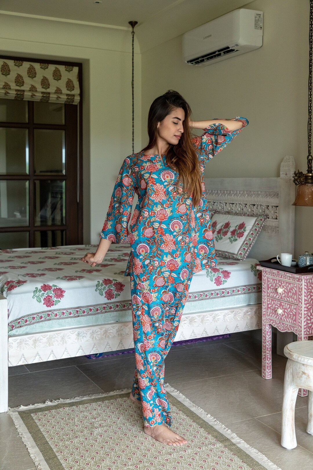 Floral PJ Set, Cotton Hand Block Print, Blue Floral PJ Set, Summer ...