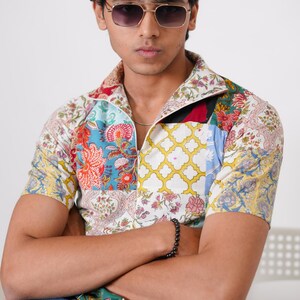 Lapptäcksskjorta, Tryckt färgglad lapptäcksskjorta, Lapptäcksskjorta tillverkad i Indien, Handtryckt skjorta med blockmönster, Lapptäckt design, Blocktryckt skjorta bild 5