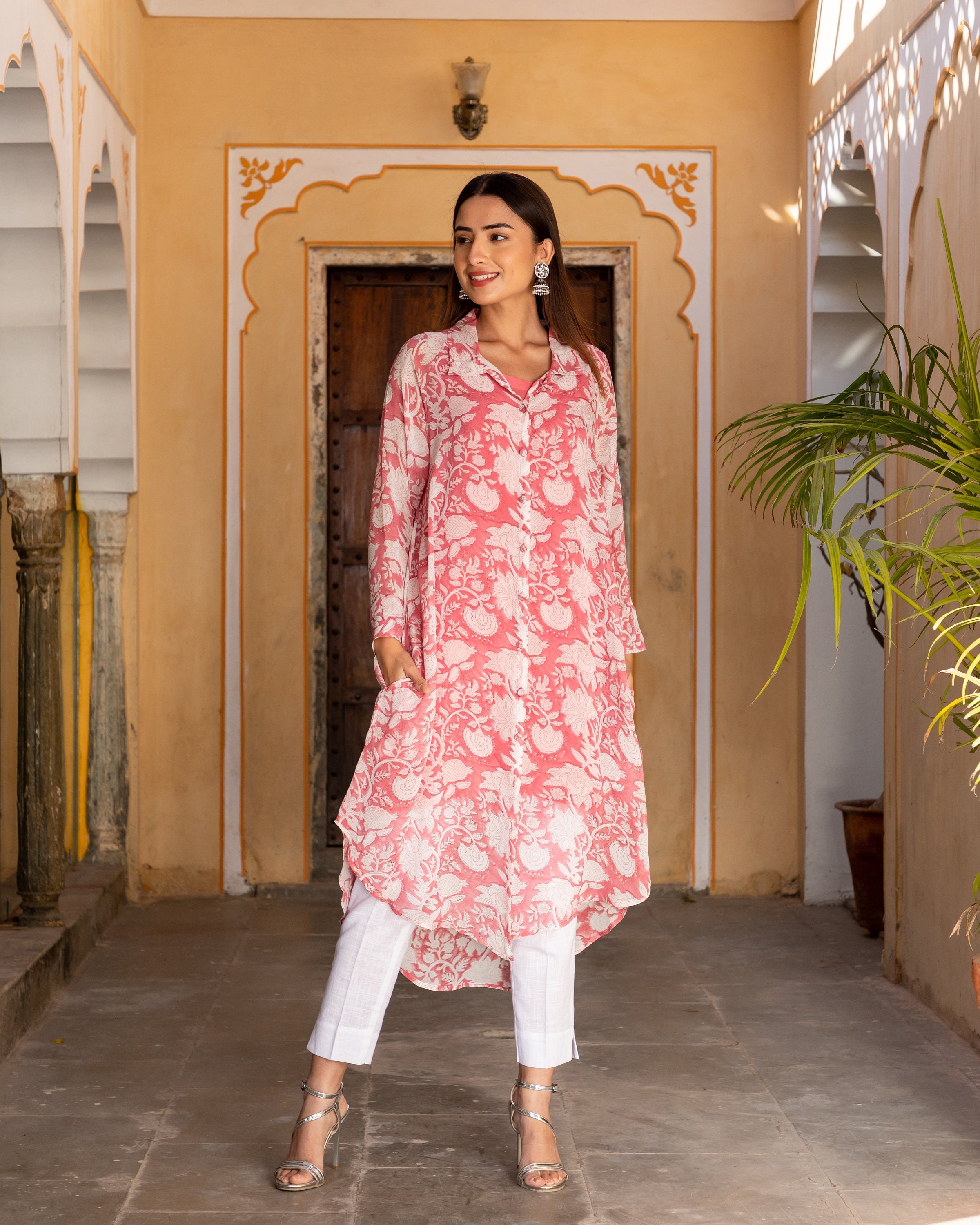 Pink Ethnic Front Open Shrug Cover 