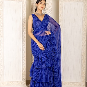 Ruffle Indo Western Saree, Indian Wedding, Pre Draped Saree, Partywear Saree, Ready To Wear Saree, Women Saree, Wedding Saree, Lehriya Saree