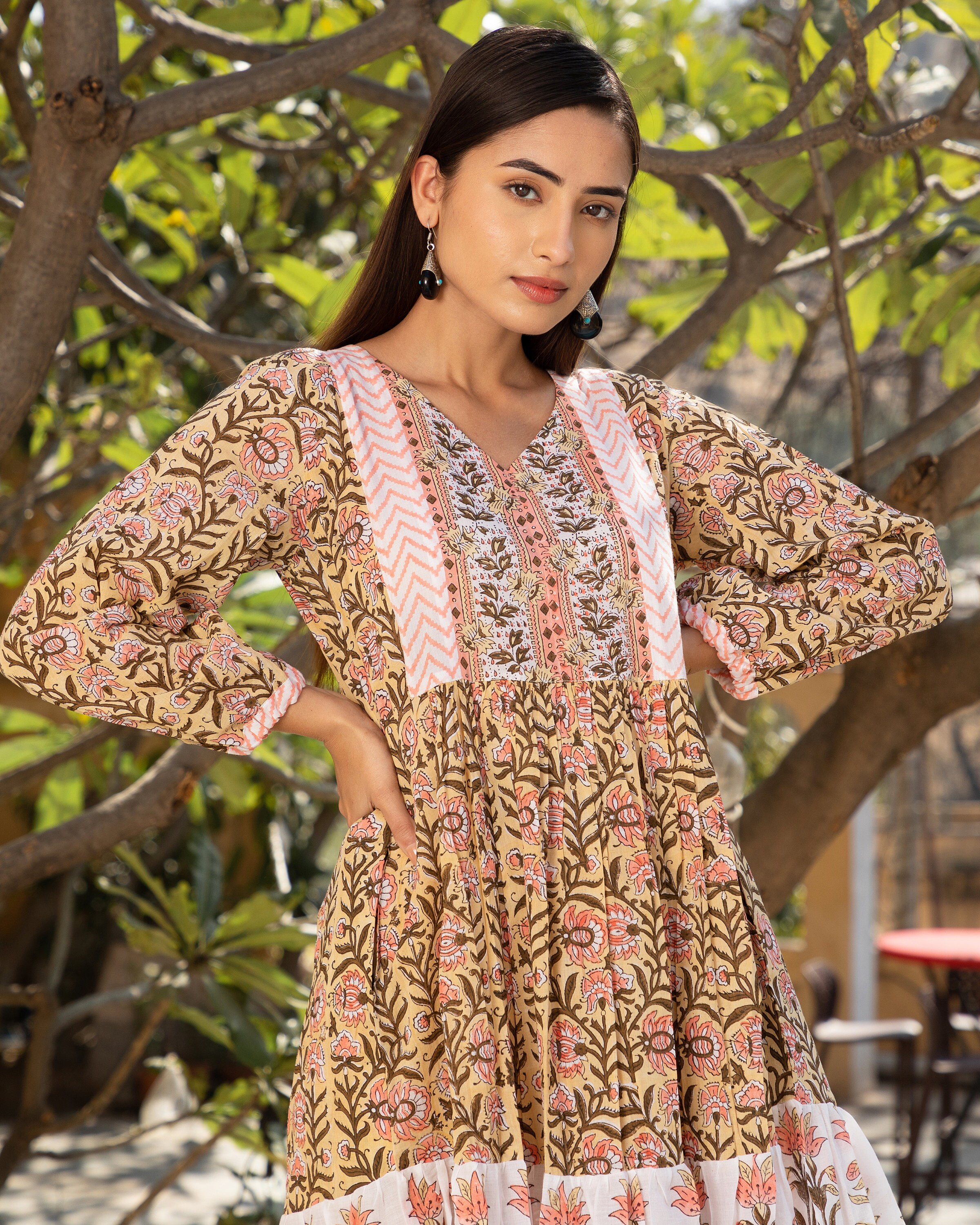 Yellow Ivory Knee Length Dress, Full Length Puff Sleeves