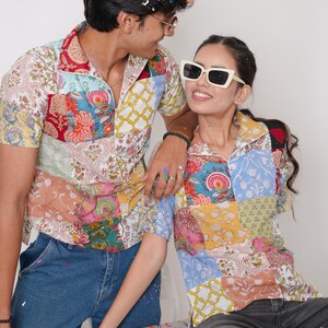 Lapptäcksskjorta, Tryckt färgglad lapptäcksskjorta, Lapptäcksskjorta tillverkad i Indien, Handtryckt skjorta med blockmönster, Lapptäckt design, Blocktryckt skjorta bild 2