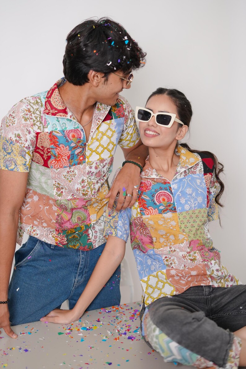 Lapptäcksskjorta, Tryckt färgglad lapptäcksskjorta, Lapptäcksskjorta tillverkad i Indien, Handtryckt skjorta med blockmönster, Lapptäckt design, Blocktryckt skjorta bild 2