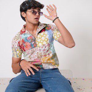 Lapptäcksskjorta, Tryckt färgglad lapptäcksskjorta, Lapptäcksskjorta tillverkad i Indien, Handtryckt skjorta med blockmönster, Lapptäckt design, Blocktryckt skjorta bild 7