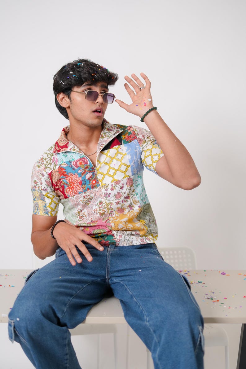 Lapptäcksskjorta, Tryckt färgglad lapptäcksskjorta, Lapptäcksskjorta tillverkad i Indien, Handtryckt skjorta med blockmönster, Lapptäckt design, Blocktryckt skjorta bild 7