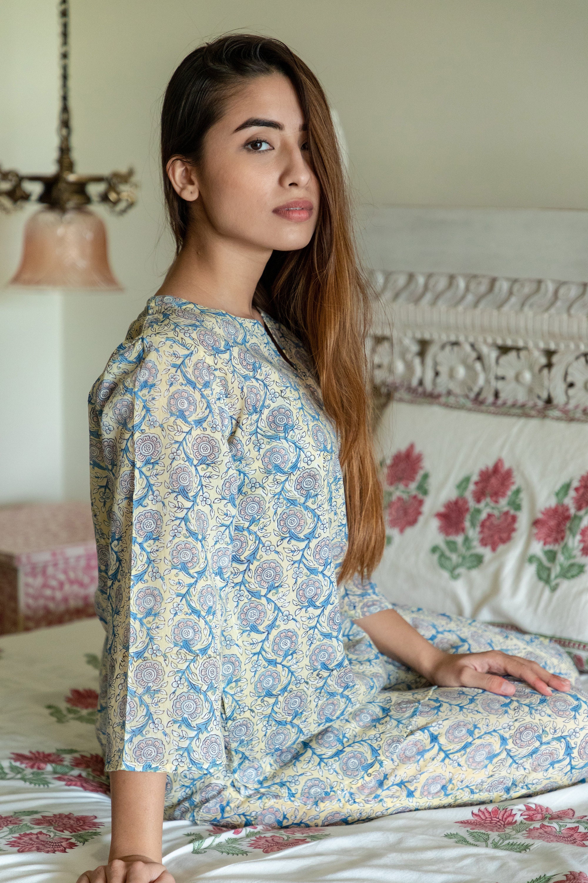 Floral PJ Set, Cotton Hand Block Print, Yellow Ivory PJ Set, Summer ...