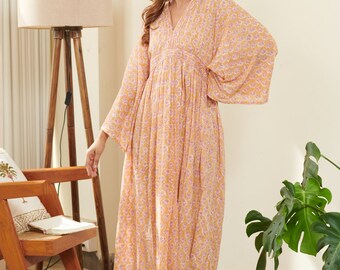 Kimono Style Dress, Cotton Dress with Floral Hand Block Prints, Block Print Dress, Soft Cotton Dress, Kimono Dress, Flowy Dress.