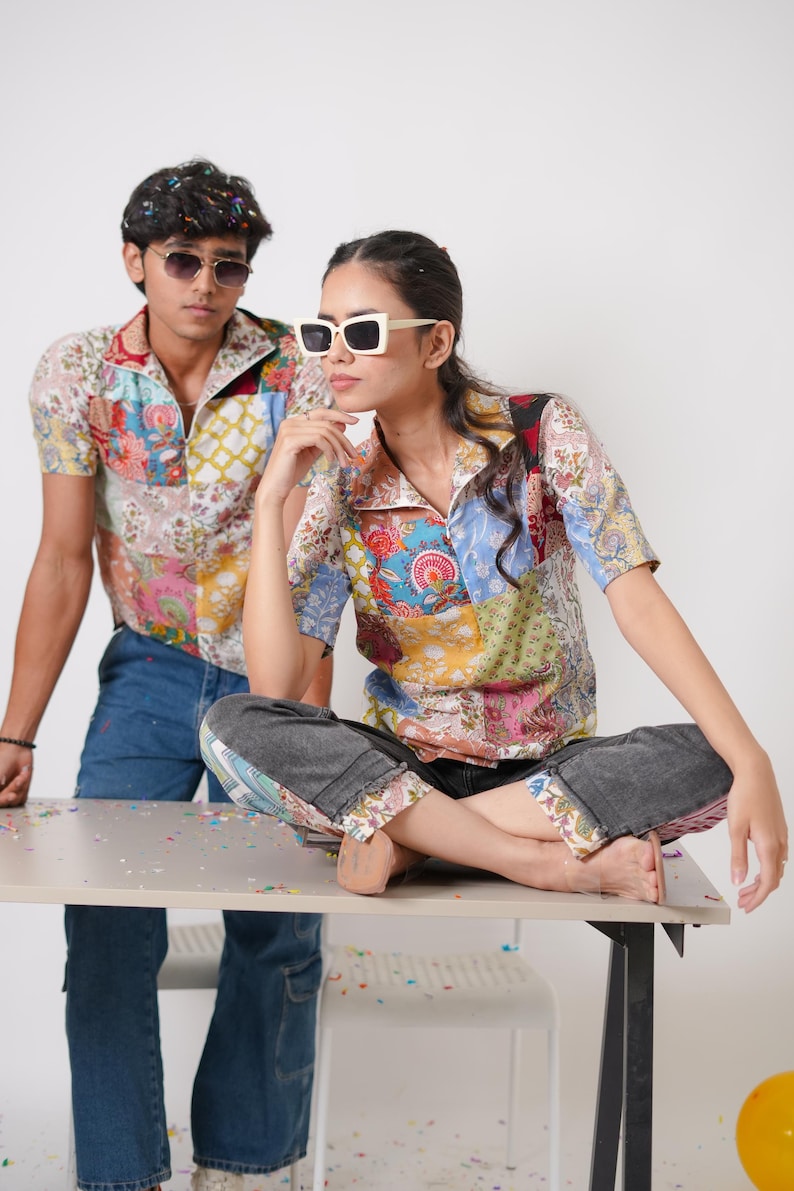 Lapptäcksskjorta, Tryckt färgglad lapptäcksskjorta, Lapptäcksskjorta tillverkad i Indien, Handtryckt skjorta med blockmönster, Lapptäckt design, Blocktryckt skjorta bild 1