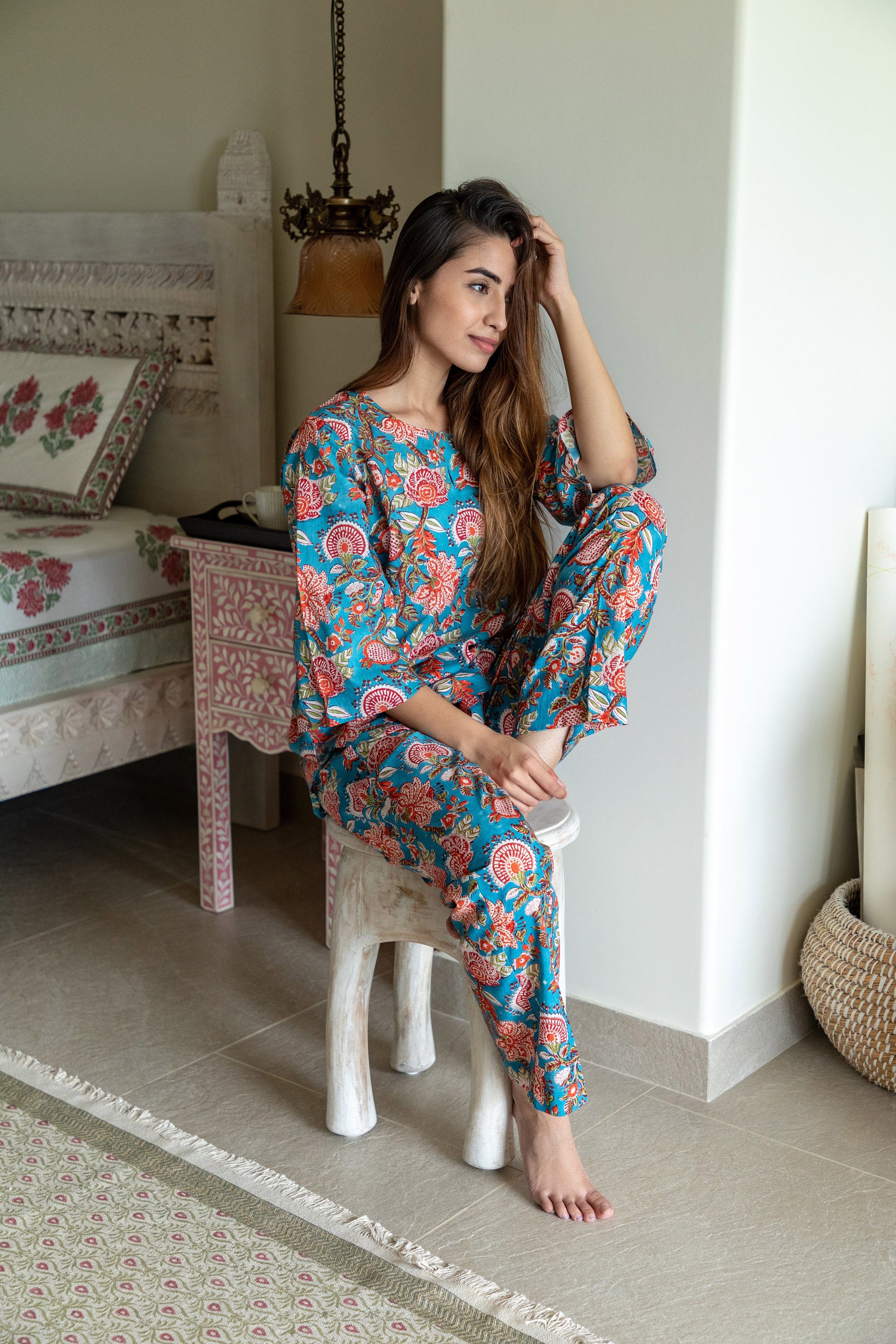 Floral PJ Set, Cotton Hand Block Print, Blue Floral PJ Set, Summer ...