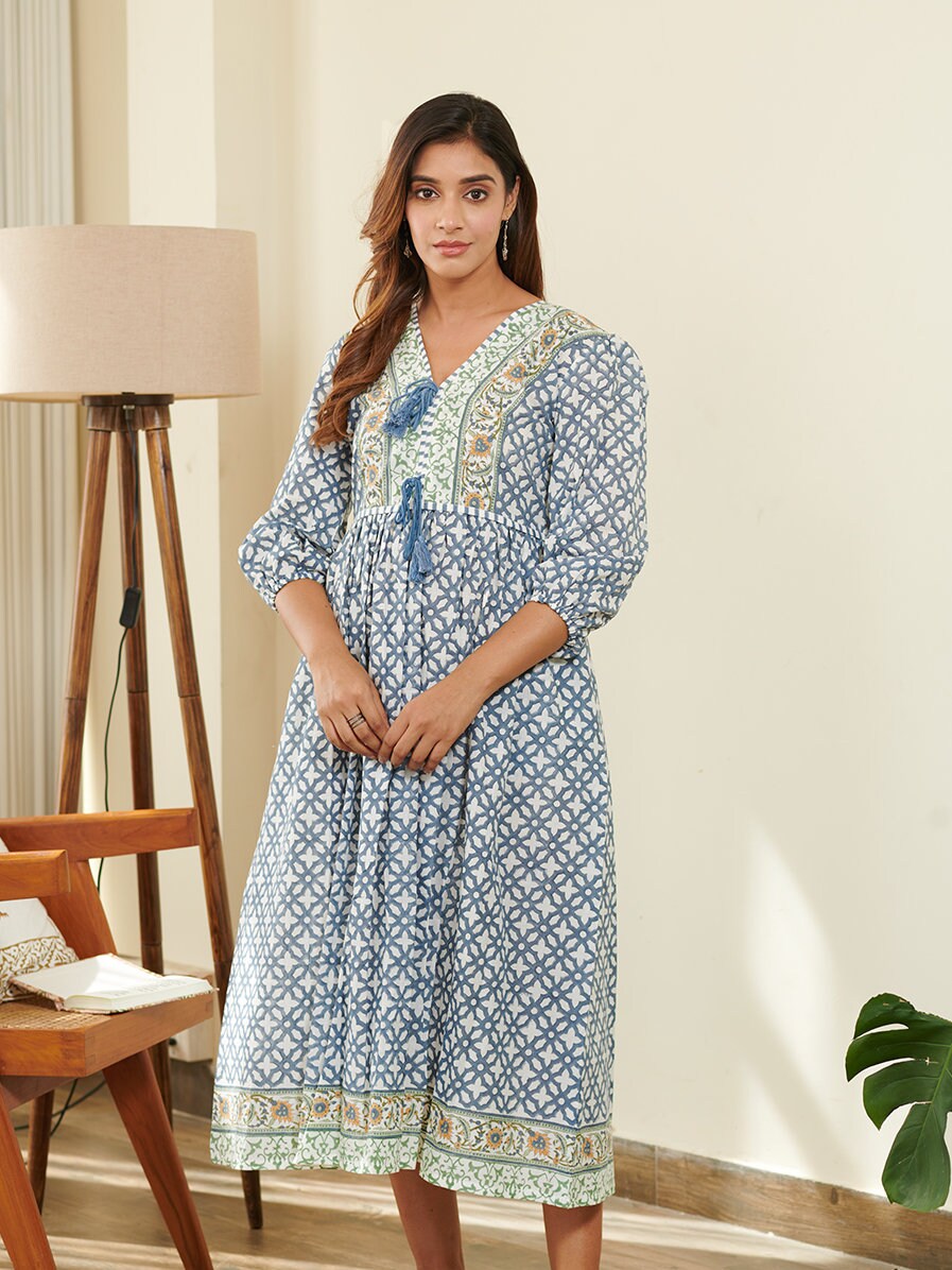 cotton blue-pink floral block printed women's maxi dress