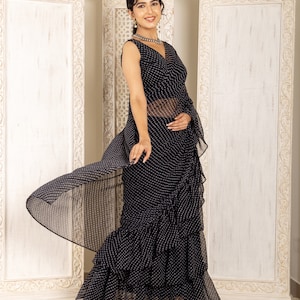 Ruffle Indo Western Saree, Indian Wedding, Pre Draped Saree, Partywear Saree, Ready To Wear Saree, Women Saree, Wedding Saree, Lehriya Saree